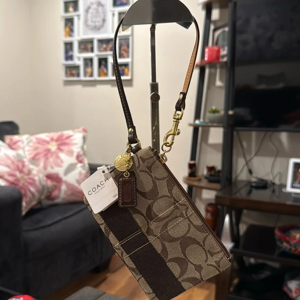 Coach Legacy Signature Canvas & Leather Wristlet (w/Gold Coach Charm & Hangtag) - Picture 5 of 15
